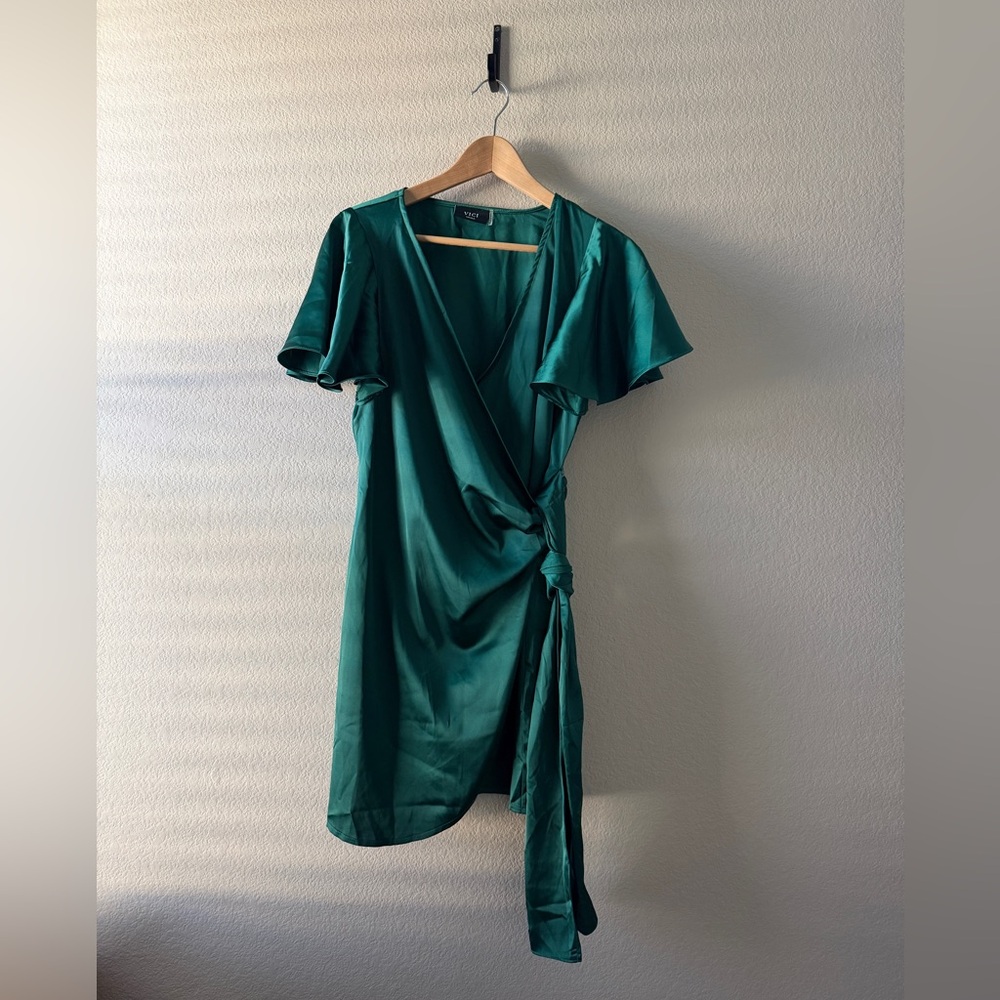 Vici Emerald Asymmetrical Wrap Dress